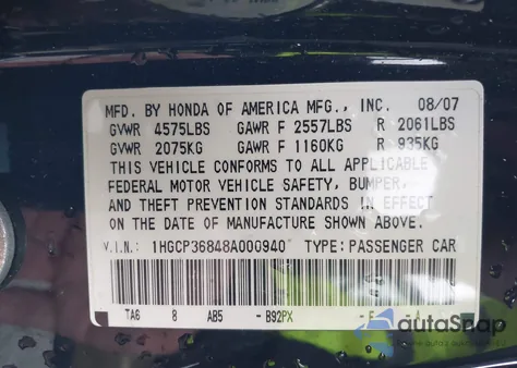 2008 Honda Accord 3.5 Ex-L from USA, damaged, VIN 1HGCP36848A000940